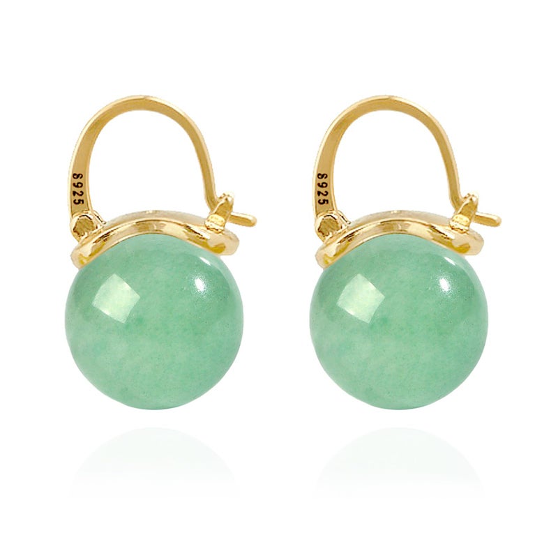 OwMell Elegant 925 Sterling Silver Pearl Drop Earrings Dangle Stud Gold Plated Earrings for Women Large Size 12mm - Green Aventurine - Image 1