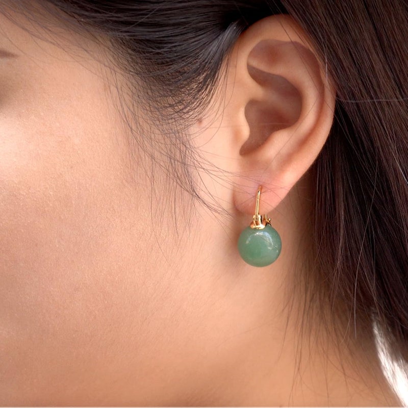 OwMell Elegant 925 Sterling Silver Pearl Drop Earrings Dangle Stud Gold Plated Earrings for Women Large Size 12mm - Green Aventurine - Image 3