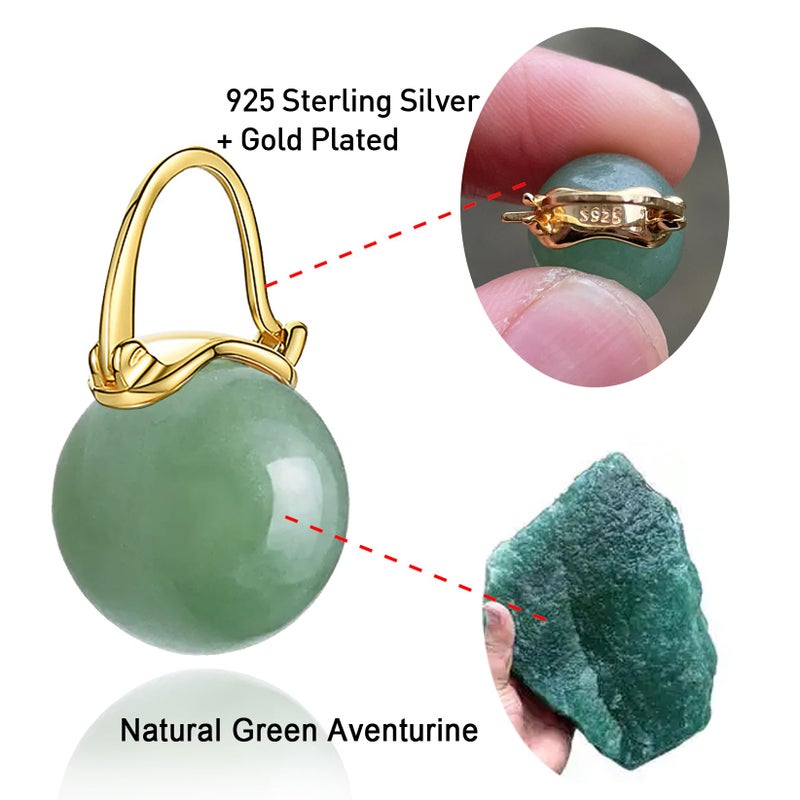 OwMell Elegant 925 Sterling Silver Pearl Drop Earrings Dangle Stud Gold Plated Earrings for Women Large Size 12mm - Green Aventurine - Image 2