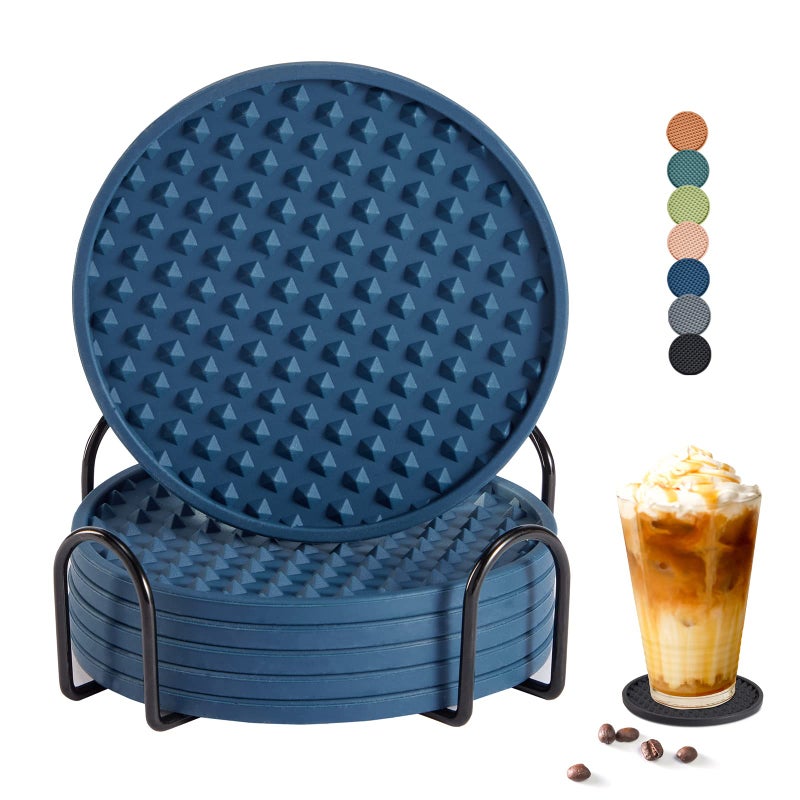 Coga Drink Coasters Set of 6 with Holder  Silicone Coasters Tabletop Protection for Any Table Type  Wood  Stone Tables  Dishwasher Safe  Coasters for Drinks Fits Any Size of Drinking Glasses Blue - Image 1