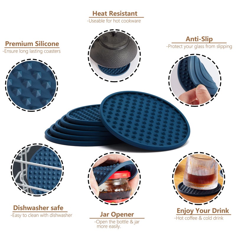 Coga Drink Coasters Set of 6 with Holder  Silicone Coasters Tabletop Protection for Any Table Type  Wood  Stone Tables  Dishwasher Safe  Coasters for Drinks Fits Any Size of Drinking Glasses Blue - Image 3