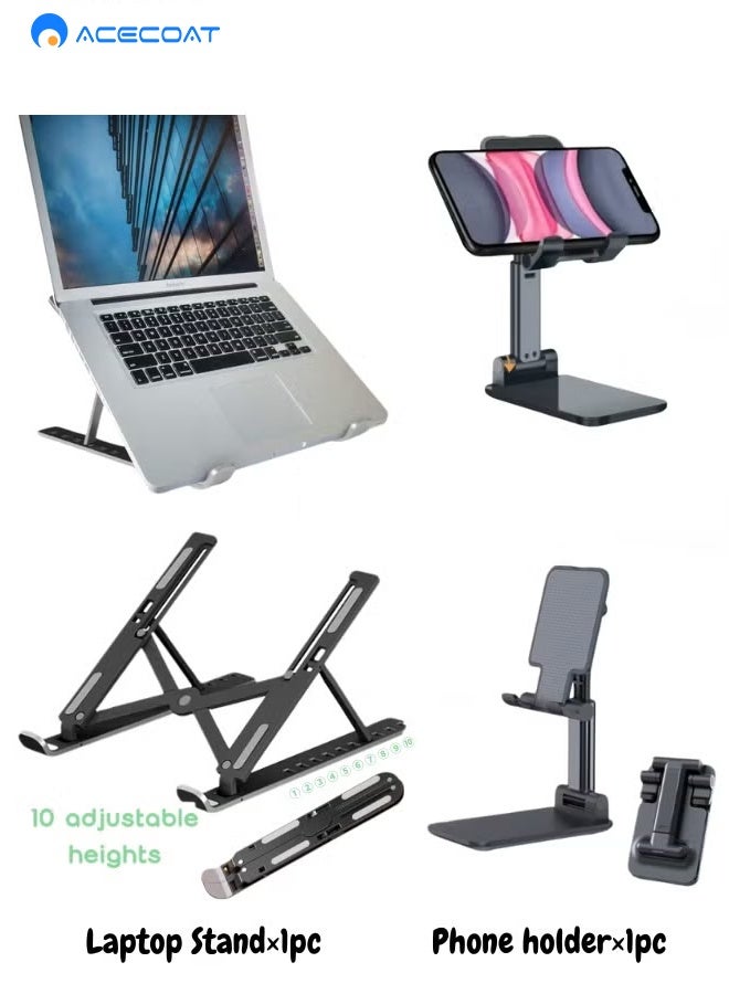 ACECOAT 2-Pack Foldable Desk Stand Set – 10-Level Adjustable Laptop Stand u0026 Height-Adjustable Phone Holder with Cooling Vents, Non-Slip Base - Image 1