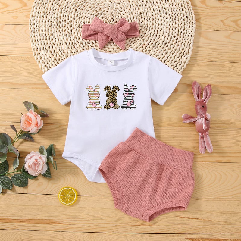 Fernvia Infant Baby Girls Easter Outfits Short Sleeve Rabbit Print Romper Elastic Waist Shorts with Hairband 3Pcs Clothes Set (A Pink, 6-12 Months) - Image 2