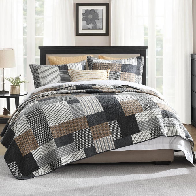 QUILT KING SIZE 100 COTTON LIGHTWEIGHT BEDSPREAD GRAY BROWN BLACK WHITE PLAID PATCHWORK SOFT REVERSIBLE QUILT KING SIZE FOR BED SET ALL SEASON 3 PIECES