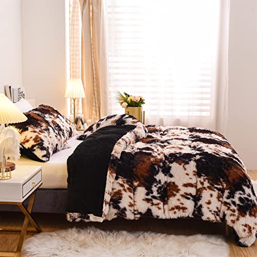 Aimuan Cow Print Duvet Cover Shaggy Fluffy Tie Dye Brown Black Velvet Bedding Set Super Soft Faux Fur Fuzzy Comforter Cover with Pillowcases (Coffee-Black, King) - Image 2