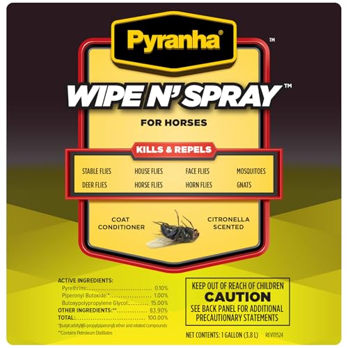 PYRANHA Wipe N' Spray for Horses - Oil-Based Long Lasting Fly Control Repels Horn, Deer, Horse, House, Stable, & Face Flies, Ticks, Mites, Mosquitoes, Gnats & Lice, 1 Gallon - Image 5