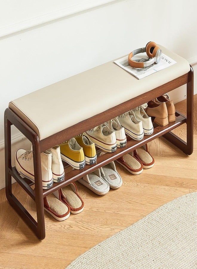 Md Decor Mid-Century Elegant Wooden Shoe Bench with Padded Seat - 2-Tier Shoe Rack for Entryway, Living Room, or Bedroom - Durable and Stylish Storage Solution (39.5) - Image 1