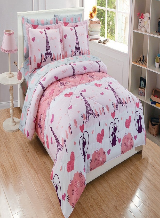 Linen Plus Comforter Set for Girls/Teens Paris Eiffel Tower Hearts Grey Pink New (Queen) - Image 1