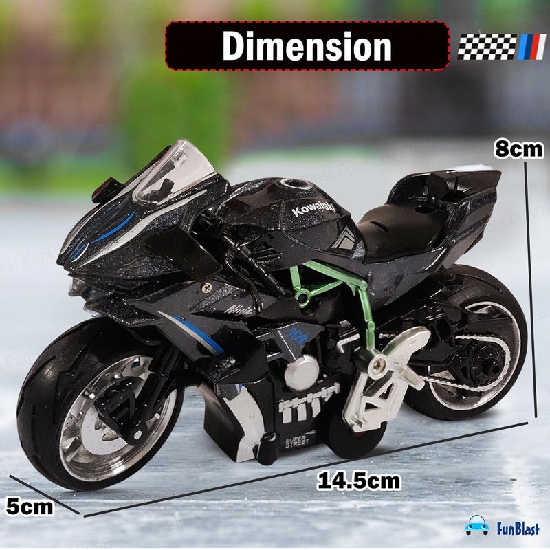 FunBlast لعبة دراجة نارية رياضية مصنوعة من الصب للKids - نموذج دراجة نارية مقياس 1:12، دراجة معدنية تعمل بالطاقة الاحتكاكية مع تأثيرات ضوئية وصوتية، ألعاب مركبات سبائك للأطفال من عمر 3 سنوات فما فوق (أسود) - Image 3