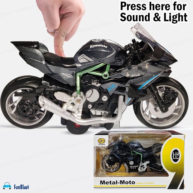 FunBlast لعبة دراجة نارية رياضية مصنوعة من الصب للKids - نموذج دراجة نارية مقياس 1:12، دراجة معدنية تعمل بالطاقة الاحتكاكية مع تأثيرات ضوئية وصوتية، ألعاب مركبات سبائك للأطفال من عمر 3 سنوات فما فوق (أسود) - Image 4