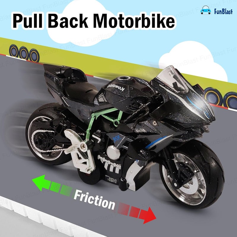 FunBlast لعبة دراجة نارية رياضية مصنوعة من الصب للKids - نموذج دراجة نارية مقياس 1:12، دراجة معدنية تعمل بالطاقة الاحتكاكية مع تأثيرات ضوئية وصوتية، ألعاب مركبات سبائك للأطفال من عمر 3 سنوات فما فوق (أسود) - Image 5