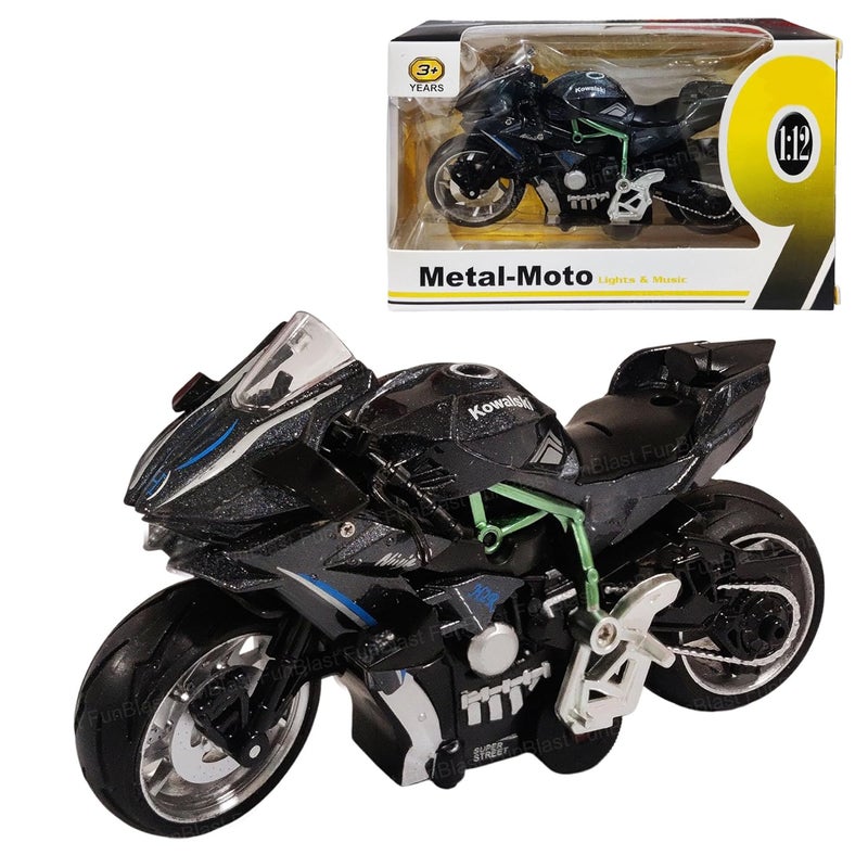 FunBlast لعبة دراجة نارية رياضية مصنوعة من الصب للKids - نموذج دراجة نارية مقياس 1:12، دراجة معدنية تعمل بالطاقة الاحتكاكية مع تأثيرات ضوئية وصوتية، ألعاب مركبات سبائك للأطفال من عمر 3 سنوات فما فوق (أسود) - Image 1