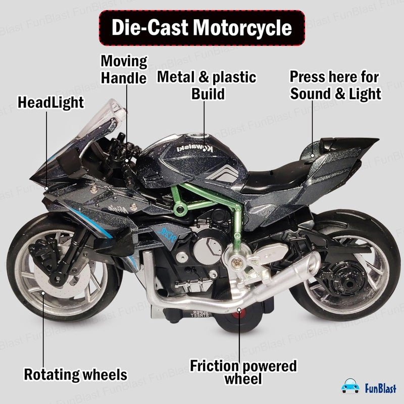 FunBlast لعبة دراجة نارية رياضية مصنوعة من الصب للKids - نموذج دراجة نارية مقياس 1:12، دراجة معدنية تعمل بالطاقة الاحتكاكية مع تأثيرات ضوئية وصوتية، ألعاب مركبات سبائك للأطفال من عمر 3 سنوات فما فوق (أسود) - Image 2