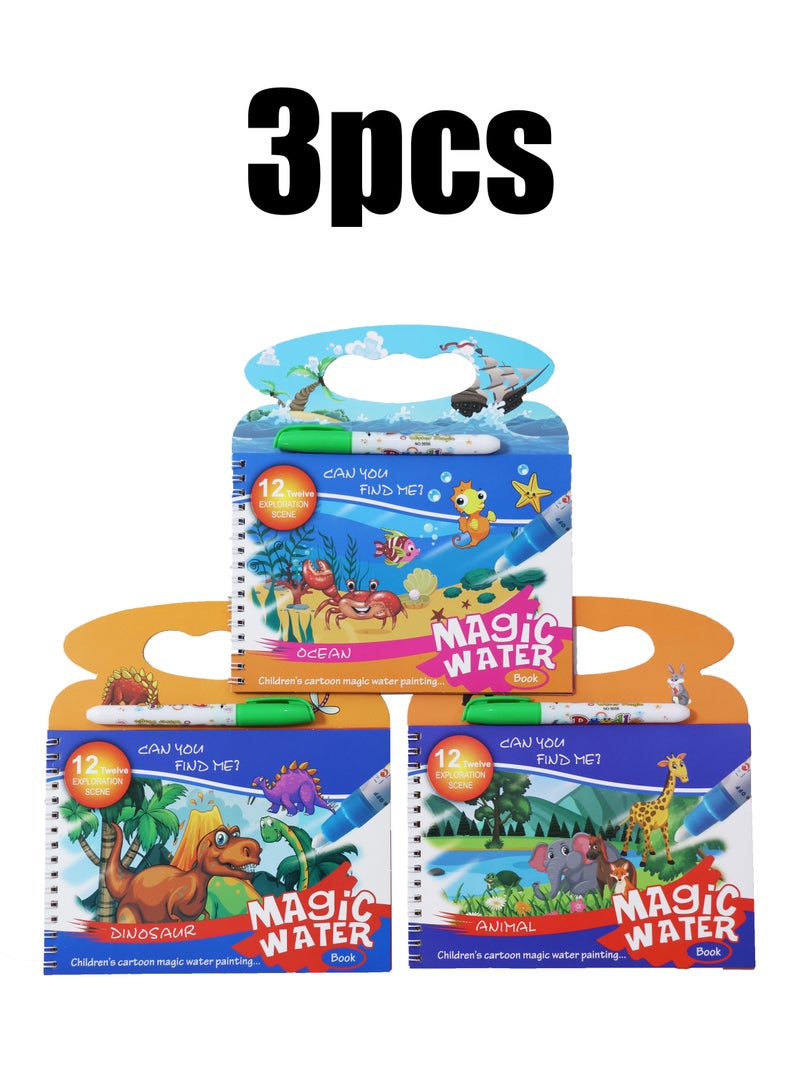 3Pcs Magic Water Colouring Book，Magic Water Drawing Book, Reusable Painting Book, Education Doodle Painting Toys for Kids Boys Girls Ages 2-5 Years Learning Gifts - Image 1