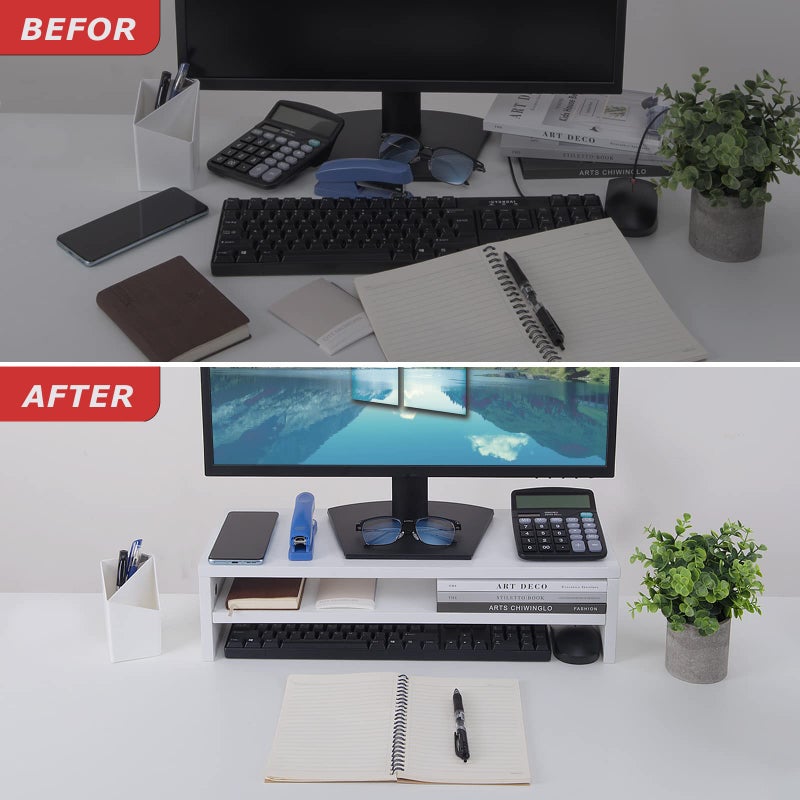 BEYGORM Monitor Stand Riser White, 21.6 inch 2 Tiers Wood Desk Shelf Computer Screen Stand with Storage for Desktop Laptop/Screen/TV/PC/Printer, Desk Shelf Organizer 21.6" L x 7.8" W x 5.2" H - Image 4
