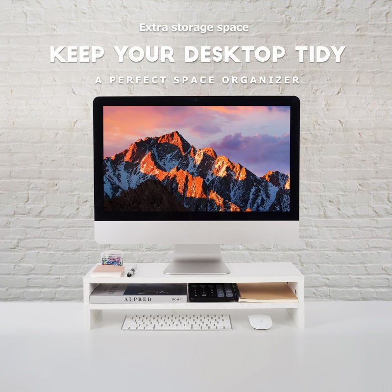 BEYGORM Monitor Stand Riser White, 21.6 inch 2 Tiers Wood Desk Shelf Computer Screen Stand with Storage for Desktop Laptop/Screen/TV/PC/Printer, Desk Shelf Organizer 21.6" L x 7.8" W x 5.2" H - Image 2