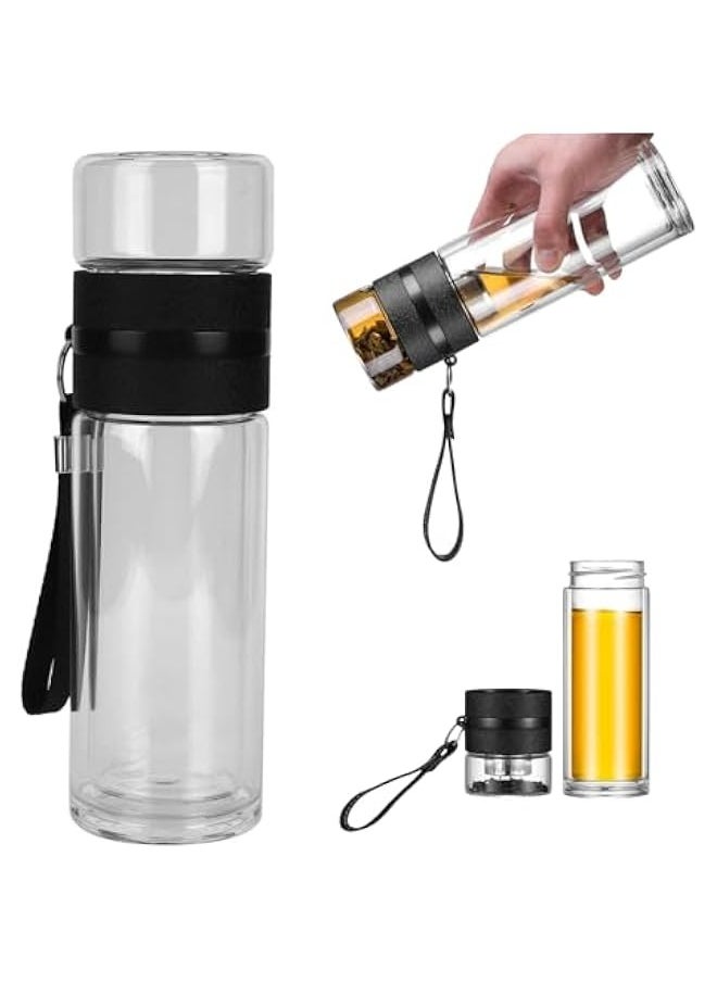 TRASSLE Tea Infuser Bottle, 450ml Double Wall Glass Water Bottle Travel Tea Mug with Stainless Steel Filter Tea and Water Separation High Borosilicate Glass Water Bottle for Loose Tea Flower Tea  - Image 1