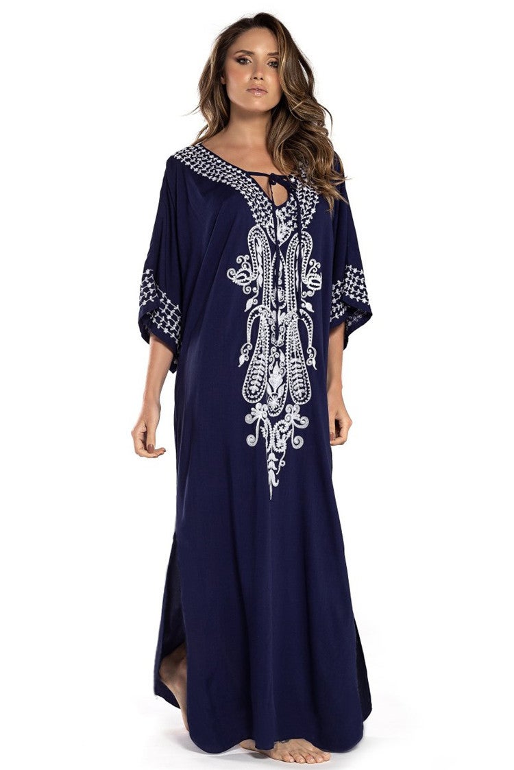 Generic Embroidered Cotton Kimono Beach Cover-Up - 7 Colors DN0459 navy blue embroidery 
