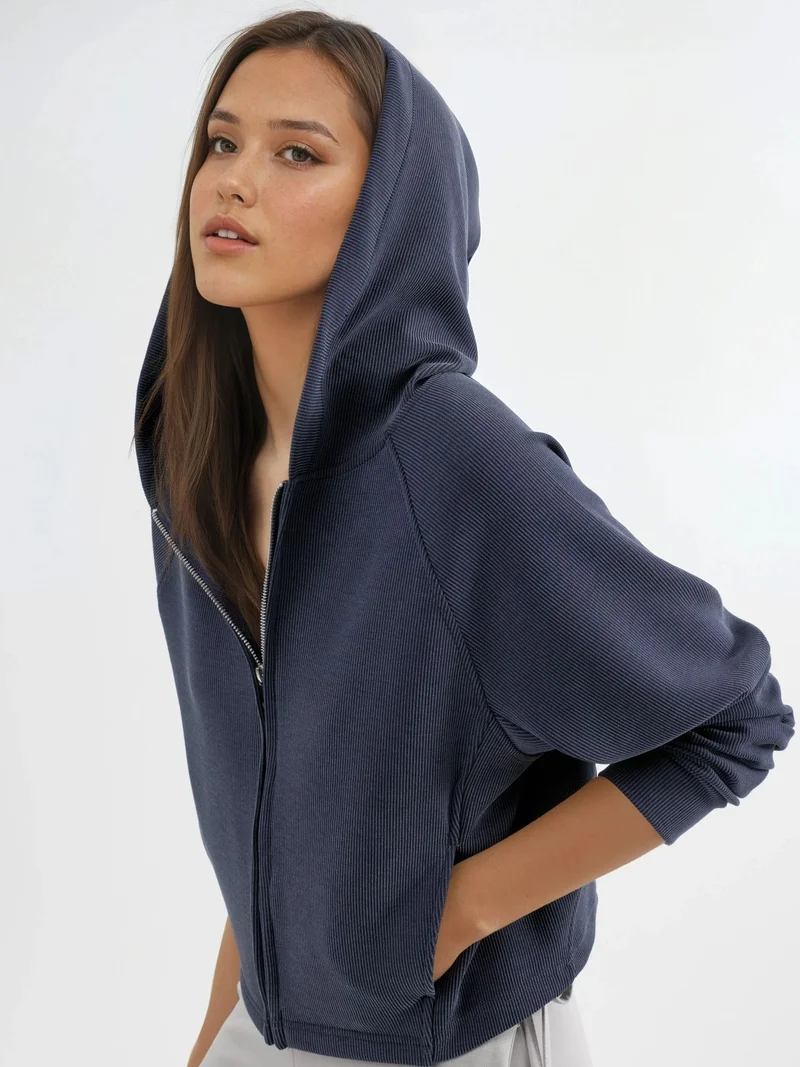 بوسيم سترة بوزم بسحاب كامل وغطاء رأس وجيوب