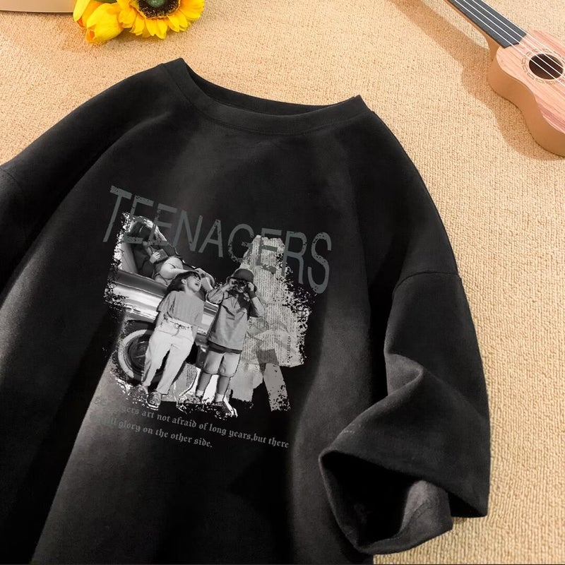 Suede Short-Sleeved T-Shirt Men'S Summer American Style Retro Fashion Brand Heavy Oversize Loose Half-Sleeved T-Shirt - Image 1