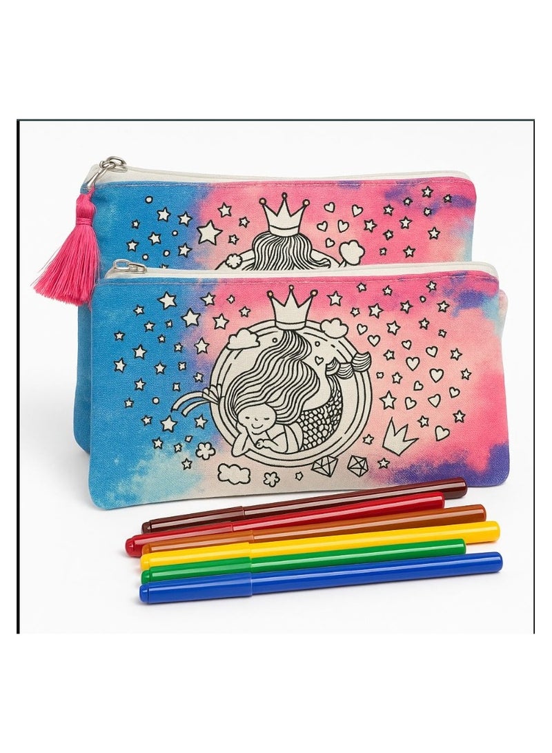 Kids' Mermaid Fabric Pencil Case – Washable & Reusable Coloring Design