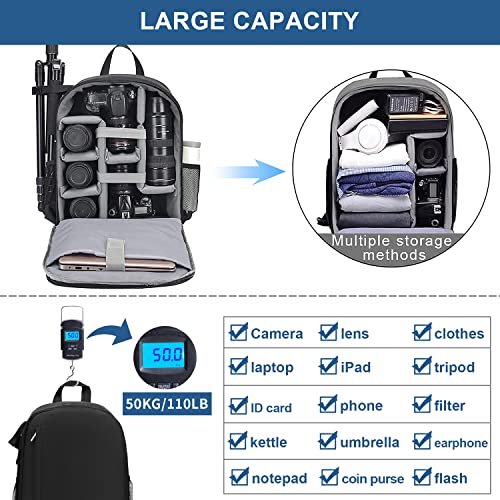 Cwatcun Camera Backpack Bag Professional for SLR DSLR Mirrorless Camera Waterproof Camera Case Compatible with Sony Canon Nikon Camera and Lens Tripod Accessories (Ⅱ Small Black) - Image 4