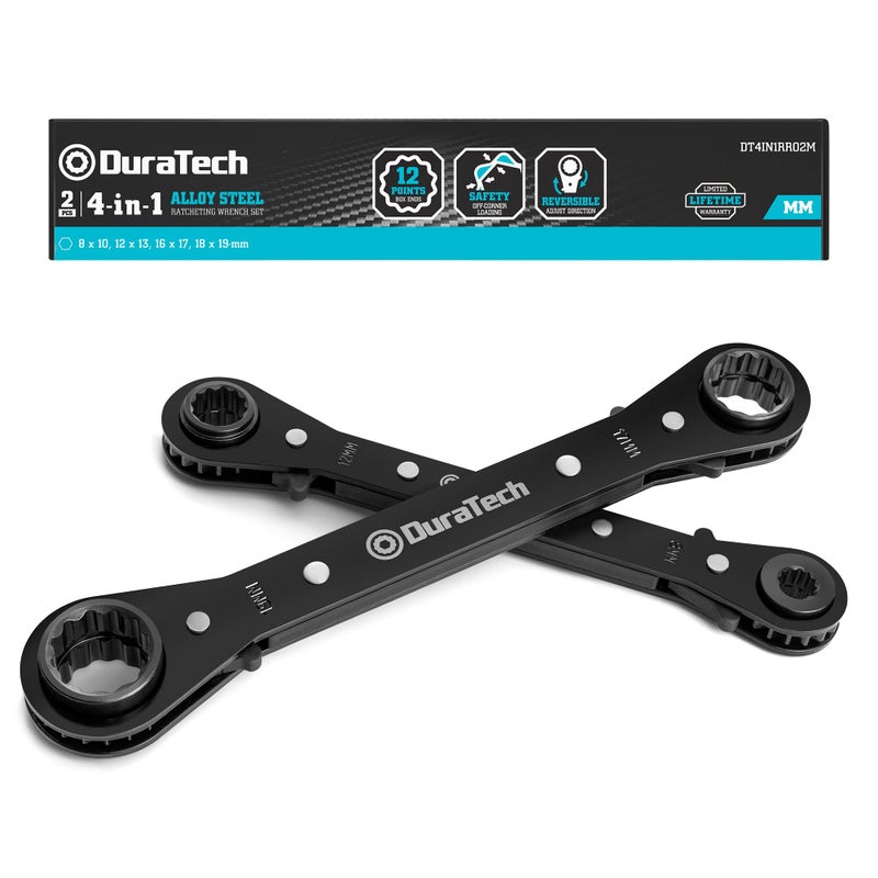 DURATECH 4in1 Reversible Ratcheting Wrench Set Double Box End Wrench Set 2Piece 8mm 10mm 12mm 13mm 16mm 17mm 18mm 19mm Metric