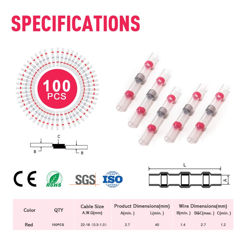 Kuject 100PCS Solder Seal Wire Connectors AWG 22-18, Red Solder Seal Heat Shrink Butt Connectors Terminals Solders Sleeve Waterproof Wire Splice Connector for Marine Automotive Boat Wire Joint - Image 2