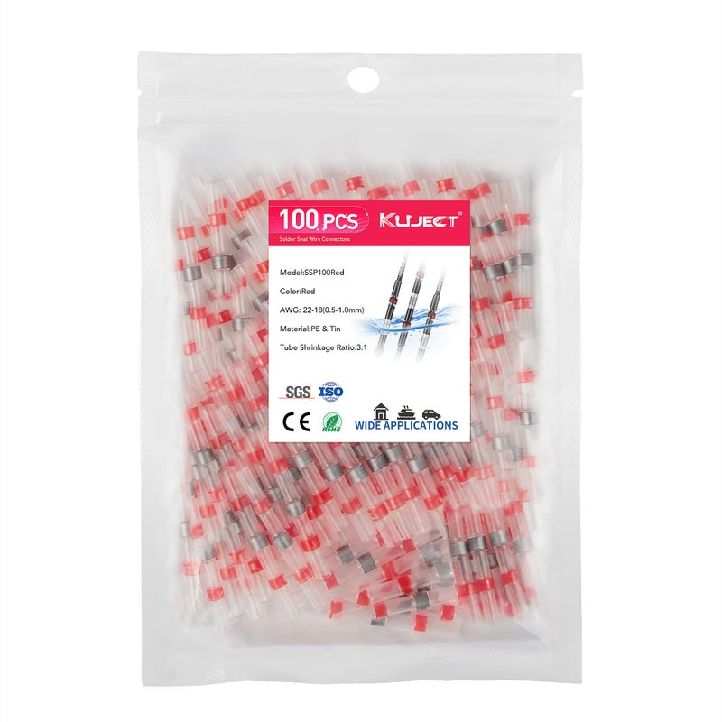 Kuject 100PCS Solder Seal Wire Connectors AWG 22-18, Red Solder Seal Heat Shrink Butt Connectors Terminals Solders Sleeve Waterproof Wire Splice Connector for Marine Automotive Boat Wire Joint - Image 1