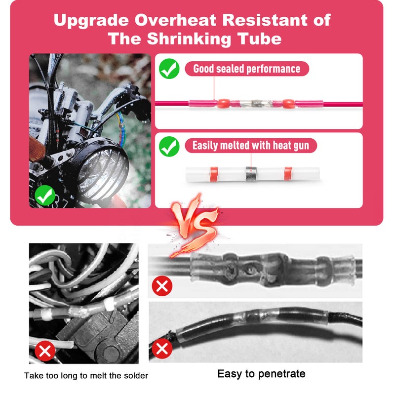 Kuject 100PCS Solder Seal Wire Connectors AWG 22-18, Red Solder Seal Heat Shrink Butt Connectors Terminals Solders Sleeve Waterproof Wire Splice Connector for Marine Automotive Boat Wire Joint - Image 3
