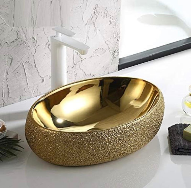 Polo Standard Ceramic TabletopCountertopWash Basin for Bathroom And Living Rooms Decor Gold Oval 600x400x150mm 