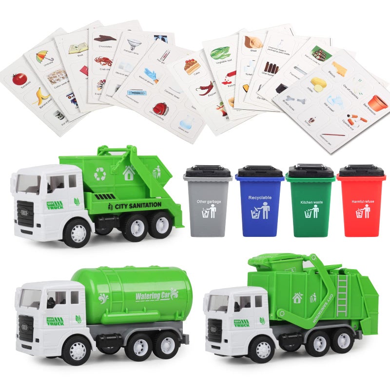 FIVEDAOGANG Garbage Truck Toy 3 Pack Friction Powered Waste Management Garbage Truck Game with Front Load Dumpster Back Dump Garbage4 Trash Bins with 108 pcs Trash Cards Gift for 3 Years Old Kids - Image 2