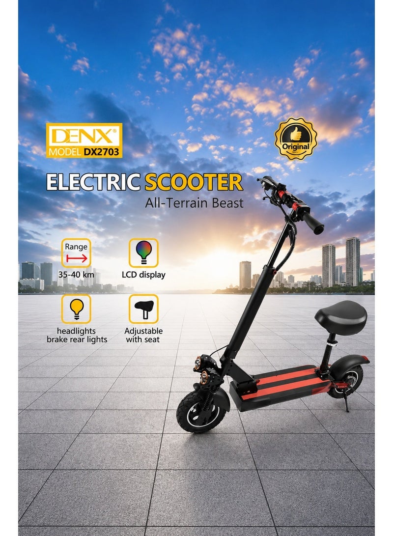 Denx DX2703 Electric Scooter with Seat & Built-in Bluetooth Speaker, Foldable All Terrain E-Scooter, LED Display, Front & Rear Lights, Long Range Battery, Adult Commuter Scooter, 1 Year Warranty - Image 2