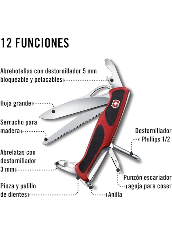 Victorinox Ranger Grip 78 Swiss Army Pocket Knife, Large, Multi Tool, 12 Functions, Locking Blade, One Hand, Red/Black - Image 5