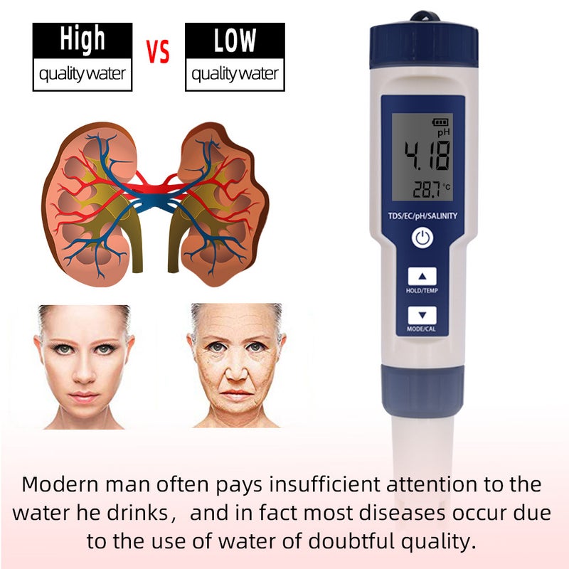 5 in 1 Water Quality Tester Digital Meter Water Quality Analyzer Detector PH/ TDS/ EC/ Temperature/ Salinity Testing IP67 Water Resistance Backlight Display - Image 4
