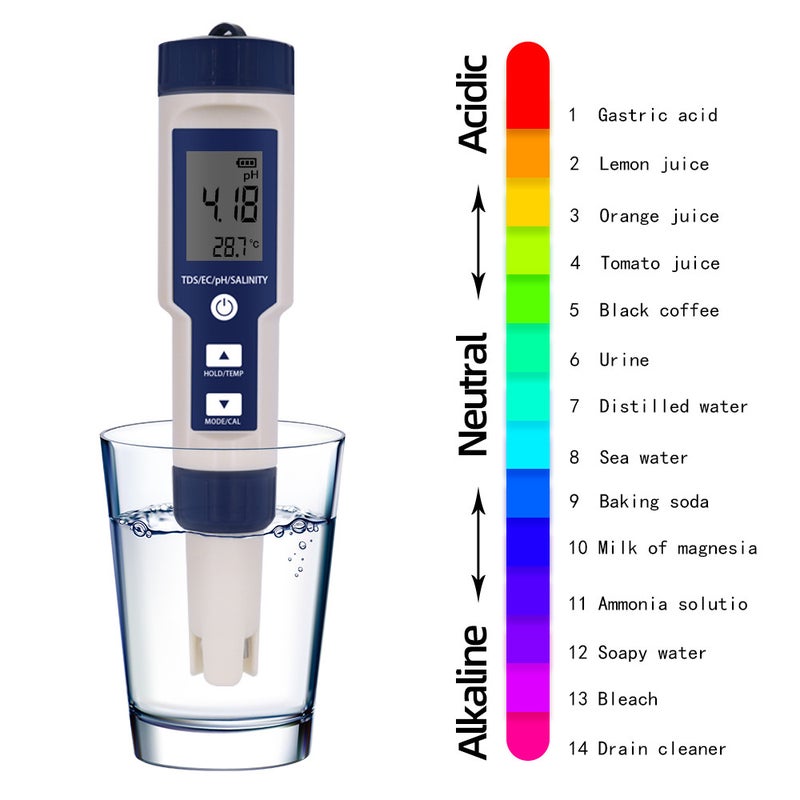 5 in 1 Water Quality Tester Digital Meter Water Quality Analyzer Detector PH/ TDS/ EC/ Temperature/ Salinity Testing IP67 Water Resistance Backlight Display - Image 5