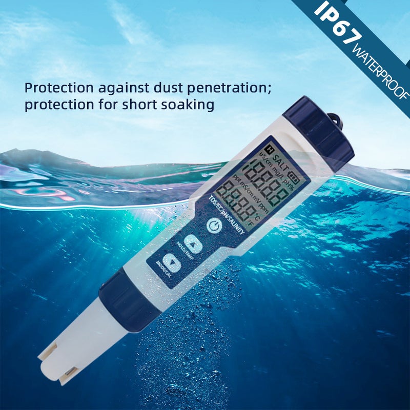 5 in 1 Water Quality Tester Digital Meter Water Quality Analyzer Detector PH/ TDS/ EC/ Temperature/ Salinity Testing IP67 Water Resistance Backlight Display - Image 3