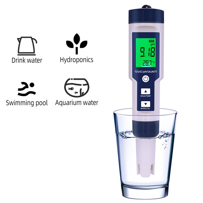 5 in 1 Water Quality Tester Digital Meter Water Quality Analyzer Detector PH/ TDS/ EC/ Temperature/ Salinity Testing IP67 Water Resistance Backlight Display - Image 2