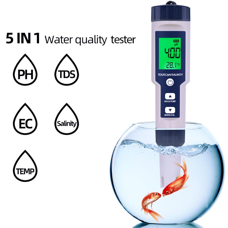 5 in 1 Water Quality Tester Digital Meter Water Quality Analyzer Detector PH/ TDS/ EC/ Temperature/ Salinity Testing IP67 Water Resistance Backlight Display - Image 1