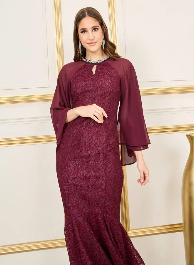 Styli Embellished Neck Lace Detail Mermaid Dress