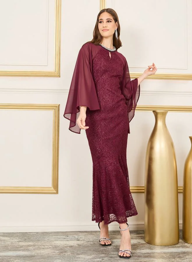 Styli Embellished Neck Lace Detail Mermaid Dress