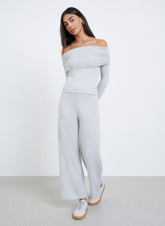 Styli Women Grey Bardot Neck Flat Knit Top - Image 1