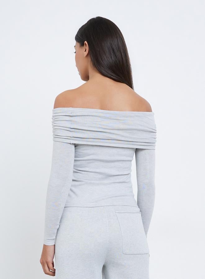 Styli Women Grey Bardot Neck Flat Knit Top - Image 4