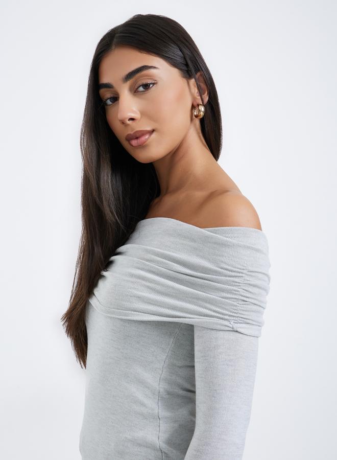 Styli Women Grey Bardot Neck Flat Knit Top - Image 3