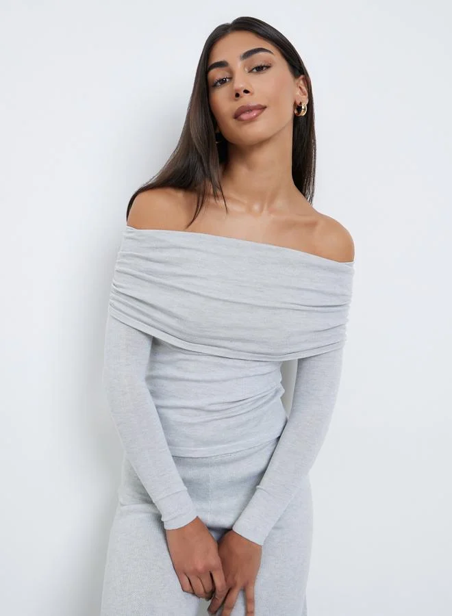 Styli Styli Women Grey Bardot Neck Flat Knit Top