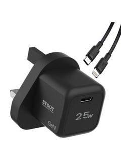 Pawa Stout Gan Travel Charger wWith Single PD port 25W Type-C to Lightning Cable - Black 