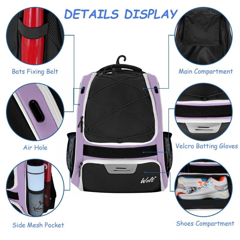 WOLT | Youth Baseball Bat Backpack - Bag for Baseball, Softball & T-Ball Equipment & Gear, Youth Girl & Adults Women, Holder for Bat, Helmet, Glove, Separate Shoes Compartment & Fence Hook - Image 3