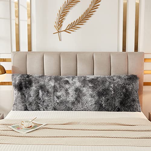 JAUXIO Faux Fur Fluffy Body Pillow Cover Luxury Shaggy Plush Decorative Body Pillowcase, Ultra Soft and Cozy Zipper Closure 21 x 54 Inches, Tie Dye Dark Grey - Image 2
