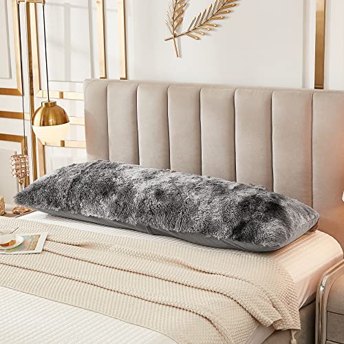 JAUXIO Faux Fur Fluffy Body Pillow Cover Luxury Shaggy Plush Decorative Body Pillowcase, Ultra Soft and Cozy Zipper Closure 21 x 54 Inches, Tie Dye Dark Grey - Image 3