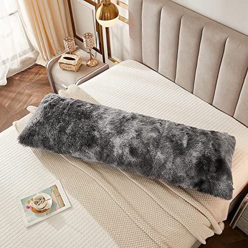 JAUXIO Faux Fur Fluffy Body Pillow Cover Luxury Shaggy Plush Decorative Body Pillowcase, Ultra Soft and Cozy Zipper Closure 21 x 54 Inches, Tie Dye Dark Grey - Image 4